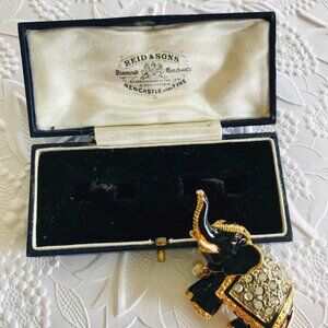 Beautiful and Elegant Vintage Black Enamel, Pearl with Rinestones Elephant Brooc